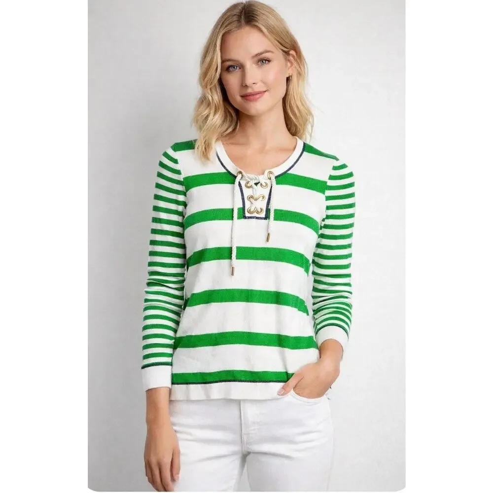 Lilly‎ Pulitzer Sweater Size Small Green White Striped Long Sleeve Pullover